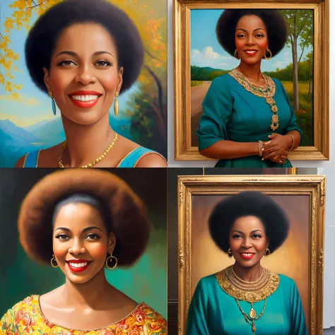 ((best quality)), ((masterpiece)), ((realistic)), vintage Afro-Caribbean woman, elegant attire, 1950s fashion, radiant smile, confident stance, cultural pride, (oil painting:1.2), (Lois Mailou Jones:1.1), (Kadir Nelson:1.1), vivid colors, nostalgic background, authentic vintage feel, (portrait composition:1.3), (high-resolution:1.2)