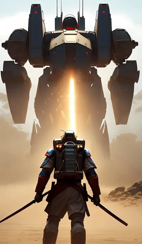 full body concept art of a mech space samurai with jet pack and thin mech wings, hovers above ground, dust swirls under him, realistic, cinematic, atmospheric, sci - fi movie character, cctane render, by moebius, alphonse mucha, roger deakins, masamune shirow