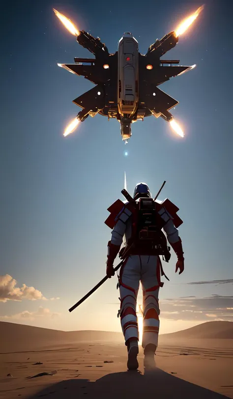 full body concept art of a mech space samurai with jet pack and thin mech wings, hovers above ground, dust swirls under him, realistic, cinematic, atmospheric, sci - fi movie character, cctane render, by moebius, alphonse mucha, roger deakins, masamune shirow