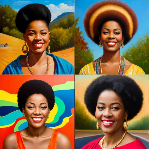 ((best quality)), ((masterpiece)), ((realistic)), vintage Afro-Caribbean woman, elegant attire, 1950s fashion, radiant smile, confident stance, cultural pride, (oil painting:1.2), (Lois Mailou Jones:1.1), (Kadir Nelson:1.1), vivid colors, nostalgic background, authentic vintage feel, (portrait composition:1.3), (high-resolution:1.2)