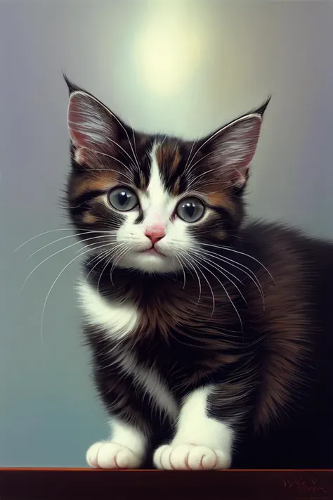 painting of a very very very cute cat, close up of a kitten, by zdzislaw beksinski, by dariusz zawadzki, by wayne barlowe, gothic, surrealism, cosmic horror, lovecraftian, cold hue's, warm tone gradient background, concept art, beautiful composition