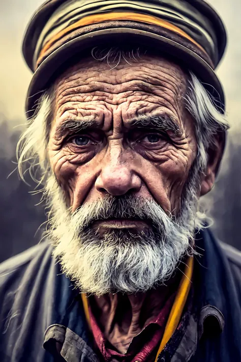 A portrait of poor russian 1800 old worker in rags, ((overwhelming fatigue )), wrinkles of age, concept art, oil pastel painting , moody gray colors , gritty, messy stylestyle of Alexey Savrasov, Ivan Shishkin, Ilya Repin, (cel shaded:1.2), 2d, (oil painting:1.2) highly detailed