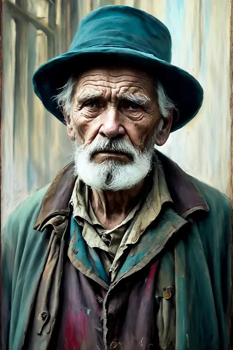 A portrait of poor russian 1800 old worker in rags, ((overwhelming fatigue )), wrinkles of age, concept art, oil pastel painting , moody gray colors , gritty, messy stylestyle of Alexey Savrasov, Ivan Shishkin, Ilya Repin, (cel shaded:1.2), 2d, (oil painting:1.2) highly detailed