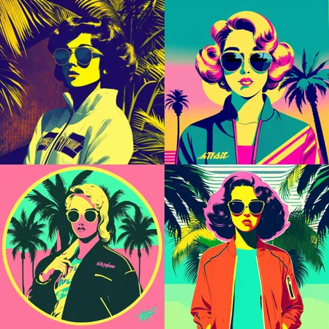 (((retro artstyle))) ((masterpiece)) A girl with blonde hair , sunglasses , retro track jacket , retro sweatpants , full body portrait , neutral expression , (vaporwave aesthetic) , palm trees , bust figure , vinyl records , japanese letters , vivid ,