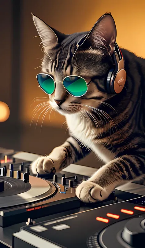 8k uhd rtx on cinematic artistic photoreal masterpiece best quality high resolution, A Cat DJ, wearing sunglasses and headphones, working the turntables as a DJ