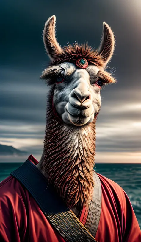 An ancient anthropomorphic colorful|rainbow llama samurai using an ancient samurai armor, photography, beautiful, bokeh temple background, high detailed skin, skin pores, coastline, overcast weather, wind, waves, 8k uhd, dslr, soft lighting, high quality, film grain, Fujifilm XT3,<lora:add_detail:2>
