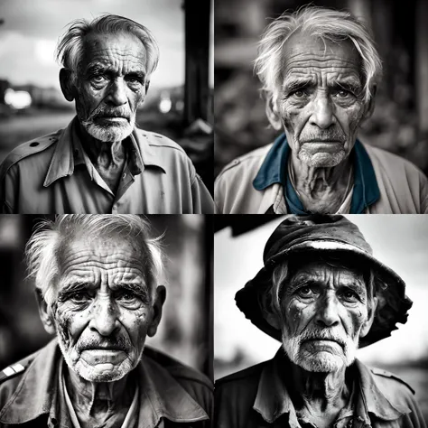photo of a portrait of poor old worker in rags, ((overwhelming fatigue )), wrinkles of age,nature,gritty, messy, face, half body, body,nature,high detailed skin, mine, weather sultry, no wind, 8k uhd, dslr, soft lighting, high quality, film grain, Fujifilm XT3