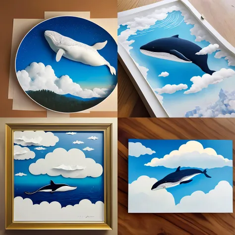 realistic, (best quality, masterpiece:1.3),illustration,whale , floating in the clouds, cloudy sky, paper_cut, <lora:KK_paperCut_v5:0.9>