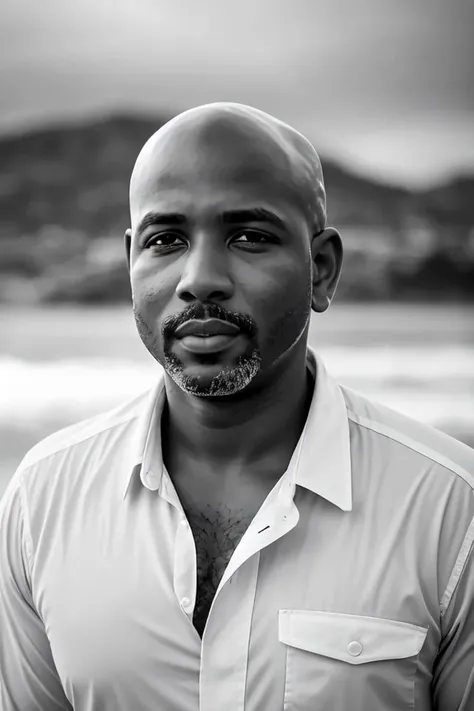 b&w photo of 42 y.o man in black clothes, bald, face, half body, body, high detailed skin, skin pores, coastline, overcast weather, wind, waves, 8k uhd, dslr, soft lighting, high quality, film grain, Fujifilm XT3