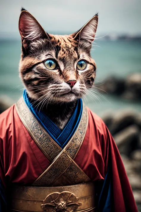An ancient anthropomorphic cat samurai using an ancient samurai armor, photography, beautiful, bokeh temple background, high detailed skin, skin pores, coastline, overcast weather, wind, waves, 8k uhd, dslr, soft lighting, high quality, film grain, Fujifilm XT3,<lora:add_detail:2>
