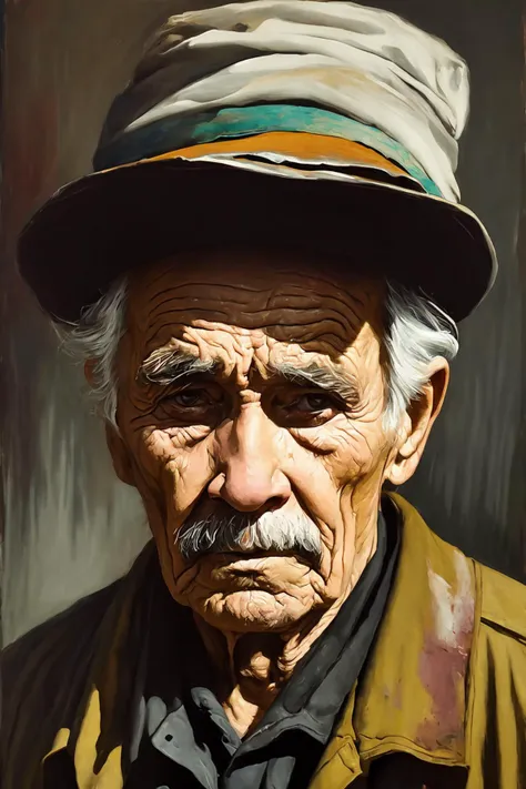 A portrait of poor russian 1800 old worker in rags, ((overwhelming fatigue )), wrinkles of age, concept art, oil pastel painting , moody gray colors , gritty, messy stylestyle of Alexey Savrasov, Ivan Shishkin, Ilya Repin, (cel shaded:1.2), 2d, (oil painting:1.2) highly detailed