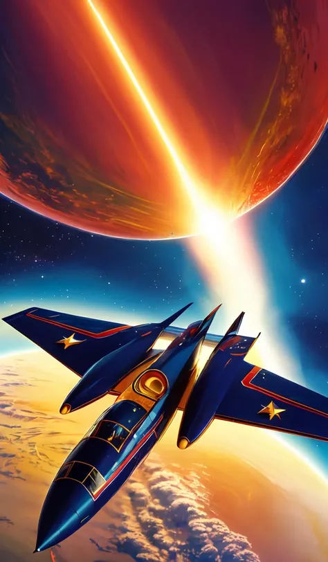 starship during reentry of earth atmosphere, 1 9 8 0 s concept art, vintage, high saturation colors, high quality, hand drawn