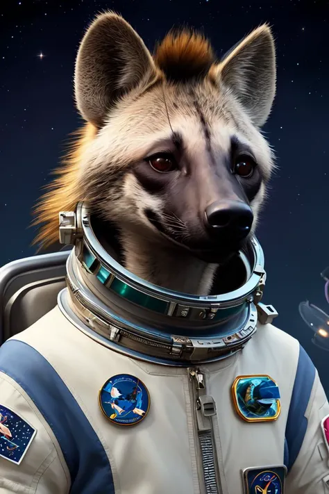 digital detailed portrait of anthromorphic female hyena, in style of zootopia, fursona, furry, furaffinity, 4 k, deviantart, wearing astronaut outfit, in style of disney zootopia, floating in space, space background, in deep space, dark background, hyena fursona, cyberpunk, female, detailed face, style of artgerm,