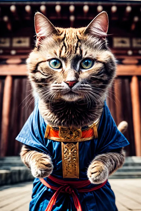 An ancient anthropomorphic cat samurai using an ancient samurai armor, photography, beautiful, bokeh temple background, high detailed skin, skin pores, coastline, overcast weather, wind, waves, 8k uhd, dslr, soft lighting, high quality, film grain, Fujifilm XT3,<lora:add_detail:2>