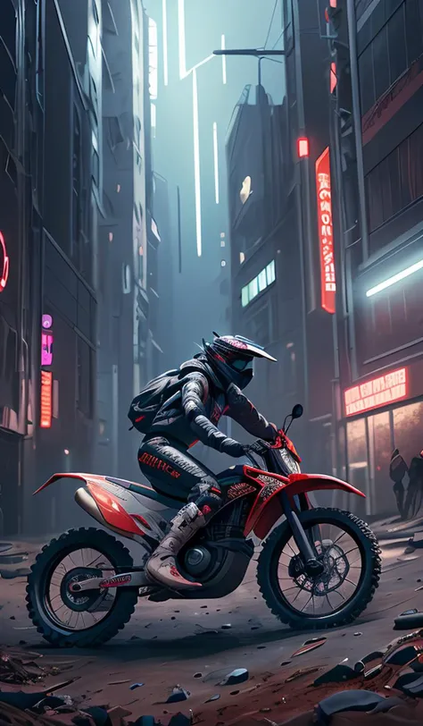 kyoto animation girl wearing cyberpunk intricate streetwear riding dirt bike, respirator, detailed portrait, cell shaded, 4 k, concept art, by wlop, ilya kuvshinov, artgerm, krenz cushart, greg rutkowski, pixiv. cinematic dramatic atmosphere, sharp focus, volumetric lighting, cinematic lighting, studio quality
