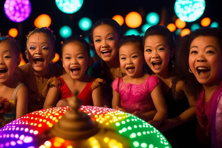 a closeup movie still from a documentary of faithlastnamesd15 performing in a (Cirque du Soleil:1.2) show, multicolored light show, laser show, smiling, use your imagination, evenly mix females and males of all ages and races in same proportions, (Asians) and Europeans and Africans and Latinos, don't forget to add some kids and (((old) people)), all faces of pictures must be different, use all spectre of your different emotions from happiness to anger, do what you want and how you want, old people and kids don't forget them but keep variety balance,