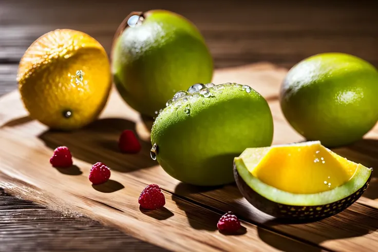 4k, lots of delicious tropical fruits with drops of moisture on table, a lot of details