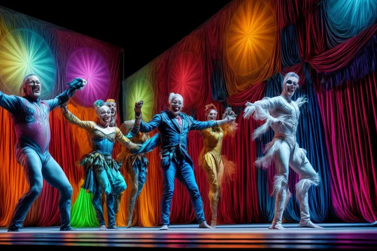 a closeup movie still from a documentary of faithlastnamesd15 performing in a (Cirque du Soleil:1.2) show, multicolored light show, laser show, smiling, use your imagination, evenly mix females and males of all ages and races in same proportions, (Asians) and Europeans and Africans and Latinos, don't forget to add some kids and (((old) people)), all faces of pictures must be different, use all spectre of your different emotions from happiness to anger, do what you want and how you want, old people and kids don't forget them but keep variety balance, <lora:add_detail:2>