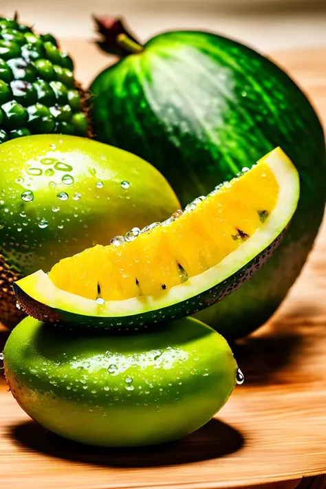 4k, lots of delicious tropical fruits with drops of moisture on table, a lot of details