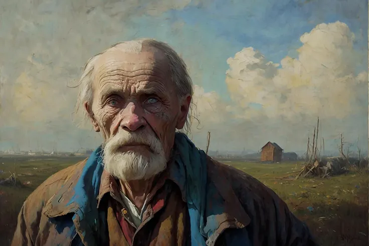 A portrait of poor russian 1800 old worker in rags, ((overwhelming fatigue )), wrinkles of age, concept art, oil pastel painting , moody gray colors , gritty, messy stylestyle of Alexey Savrasov, Ivan Shishkin, Ilya Repin, (cel shaded:1.2), 2d, (oil painting:1.2) highly detailed