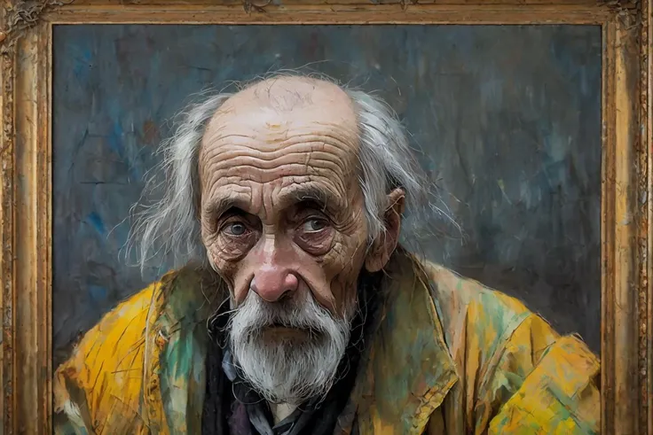 A portrait of poor russian 1800 old worker in rags, ((overwhelming fatigue )), wrinkles of age, concept art, oil pastel painting , moody gray colors , gritty, messy stylestyle of Alexey Savrasov, Ivan Shishkin, Ilya Repin, (cel shaded:1.2), 2d, (oil painting:1.2) highly detailed