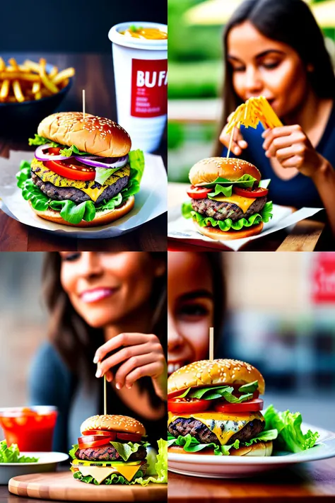 masterpiece, best quality, realistic, 1girl eating burger \(food, food focus,tomato, blurry, still life,burger, cup, lettuce, fruit, onion, bowl, depth of field, vegetable, blurry background, cheese\),