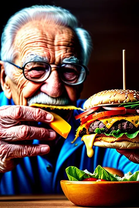masterpiece, best quality, realistic, 1oldman,eating burger \(food, food focus,tomato, blurry, still life,burger, cup, lettuce, fruit, onion, bowl, depth of field, vegetable, blurry background, cheese\), <lora:add_detail:2>