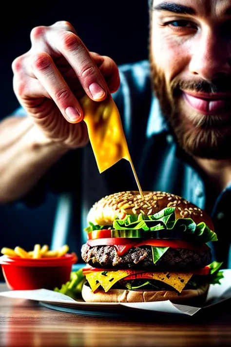 masterpiece, best quality, realistic, 1man,eating burger \(food, food focus,tomato, blurry, still life,burger, cup, lettuce, fruit, onion, bowl, depth of field, vegetable, blurry background, cheese\), <lora:add_detail:2>
