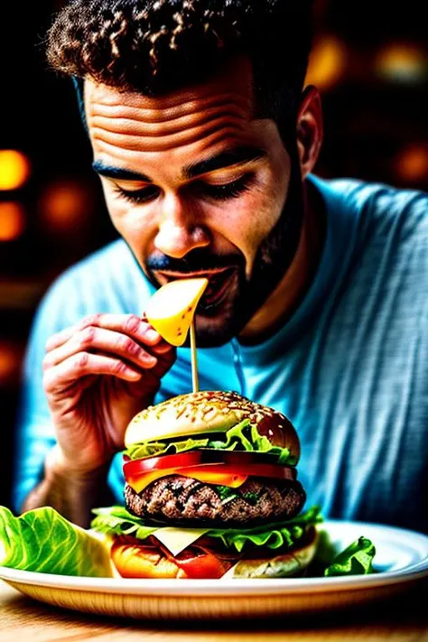 masterpiece, best quality, realistic, 1man,eating burger \(food, food focus,tomato, blurry, still life,burger, cup, lettuce, fruit, onion, bowl, depth of field, vegetable, blurry background, cheese\), <lora:add_detail:2>