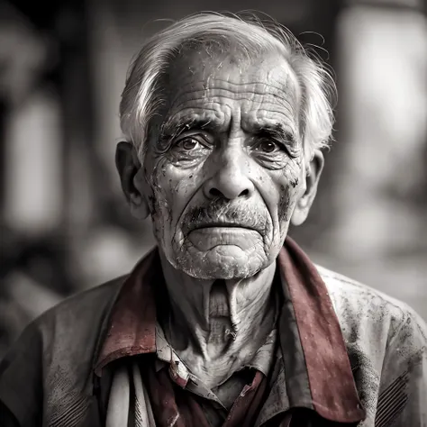 photo of a portrait of poor old worker in rags, ((overwhelming fatigue )), wrinkles of age,nature,gritty, messy, face, half body, body,nature,high detailed skin, mine, weather sultry, no wind, 8k uhd, dslr, soft lighting, high quality, film grain, Fujifilm XT3