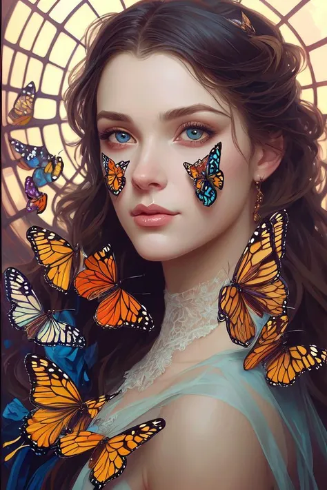 a woman with many butterflies on her face. beautiful highly detailed face. painting by artgerm and greg rutkowski and alphonse mucha.