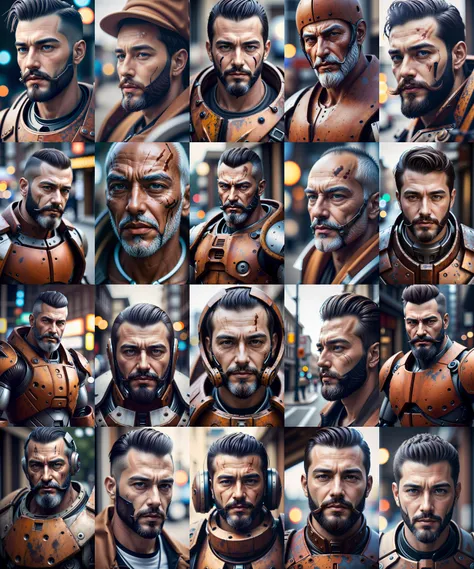 close up Portrait photo of muscular bearded guy in a worn mech suit, ((light bokeh)), intricate, (steel metal [rust]), elegant, sharp focus, photo by greg rutkowski, soft lighting, vibrant colors, masterpiece, ((streets)), detailed face