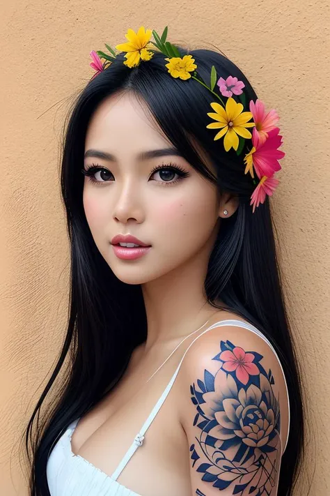 tattoo design, stencil, beach photography, tattoo stencil, traditional, beautiful portrait of a traditional Hawaiian girl with flowers in her hair, upper body, by artgerm, artgerm, artgerm, digital art, cat girl, anime eyes, anime, sexy, super model-s 100