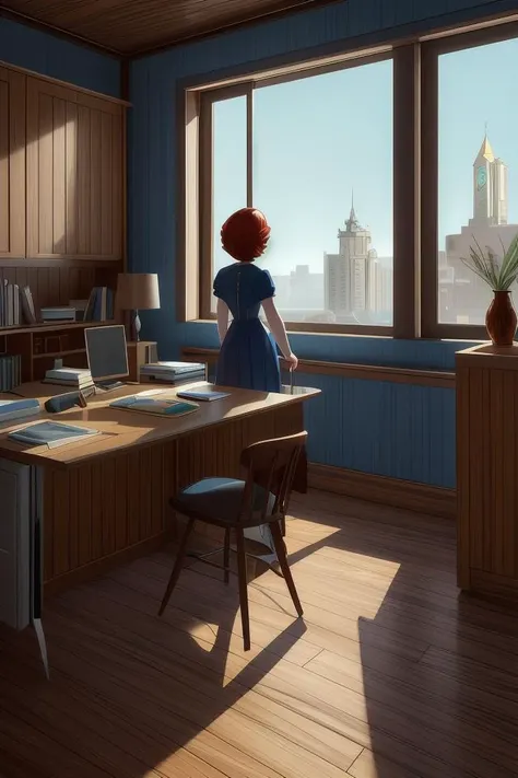 a study of cell shaded cartoon of the interior of a room, a woman looks out a large window to see a bioshock style, art deco city, illustration, post grunge, concept art by josan gonzales and wlop, by james jean, victo ngai, david rubin, mike mignola, laurie greasley, highly detailed, sharp focus, trending on artstation, hq, deviantart, art by artgem