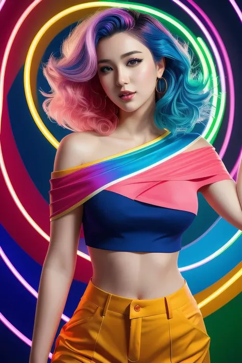 a award winning portrait of a beautiful woman with stunning eyes in a one off shoulder croptop and cargo pants with rainbow colored hair, outlined by whirling illuminated neon lines and fine lines swirling in circles by jesper ejsing and rhads and makoto and shinkai and lois van baarle, digital art, trending on artstation