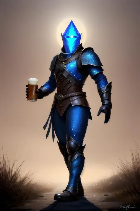blue crystal!!! golem drinks beer, beer, glass, beer mug in hand, intricate, triumphantly, foggy background, full body art, dark souls, drawing, concept art, artstation, digital painting