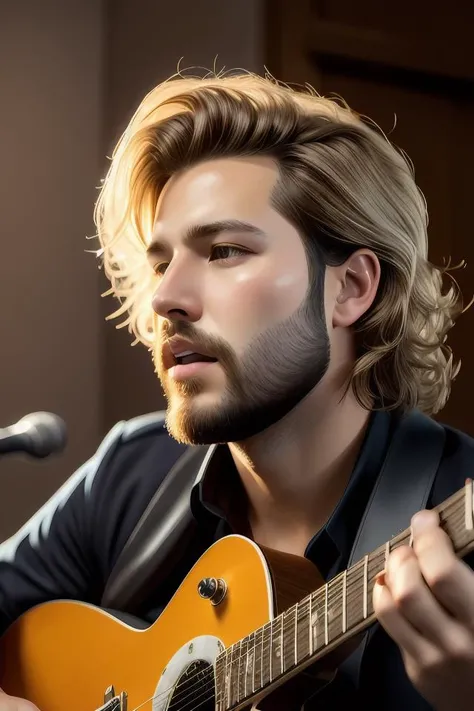 blonde wild hair man with a little beard, one black eye - patch, playing electric guitare, close - up portrait, powerfull, intricate, elegant, volumetric lighting, scenery, digital painting, highly detailed, artstation, sharp focus, illustration, concept art, ruan jia, steve mccurry