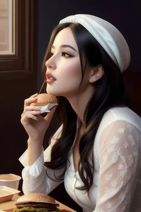 portrait of tom waits eating hamburgers, extra onions and ketchup, luscious patty with sesame seeds, feminine ethereal, handsome, d & d, fantasy, intricate, elegant, highly detailed, digital painting, artstation, concept art, matte, sharp focus, illustration, art by artgerm and greg rutkowski and alphonse mucha