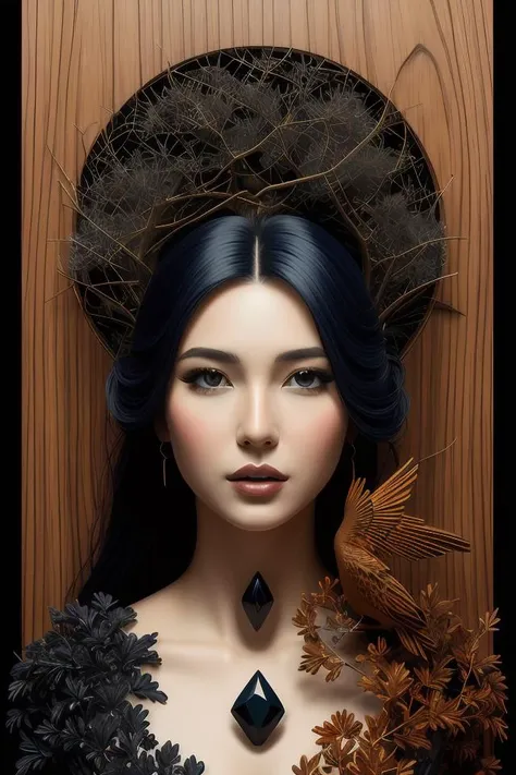 fantasy portrait of a woman made of obsidian and smoke, carved Japanese Sakura wood organic overgrowth, holding nevermore, peter mohrbacher, artgerm, Liam Brazier, dan mumford
