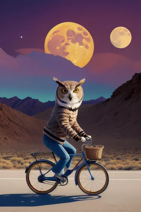 a cell shaded cartoon owl riding a bicycle, with a big head, on a desert road, wide shot, in front of a big moon, muted colors, post grunge, josan gonzales, wlop, by james jean, victor ngai, hq, deviantart, art by artgerm