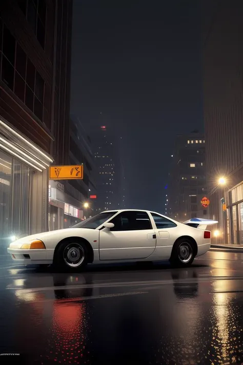 highly detailed, photo realistic, 1 9 9 9 white ford probe gt at night in the rain driving on a city street, dense fog, unreal engine, beautiful, raw, by greg rutowski, by stanley artgerm, by alphonse mucha
