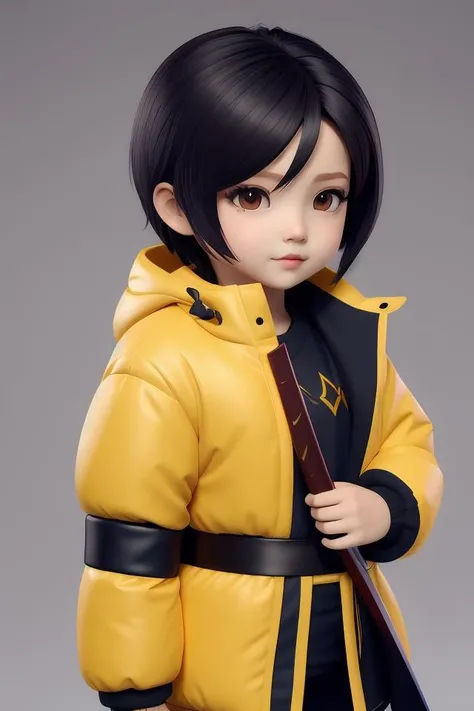 a chibi combat ??? wearing a puffy yellow jacket and a katana, smooth, intricate, elegant, digital painting, artstation, concept art, sharp focus, octane render, illustration, art by ayami kojima, overwatch character,