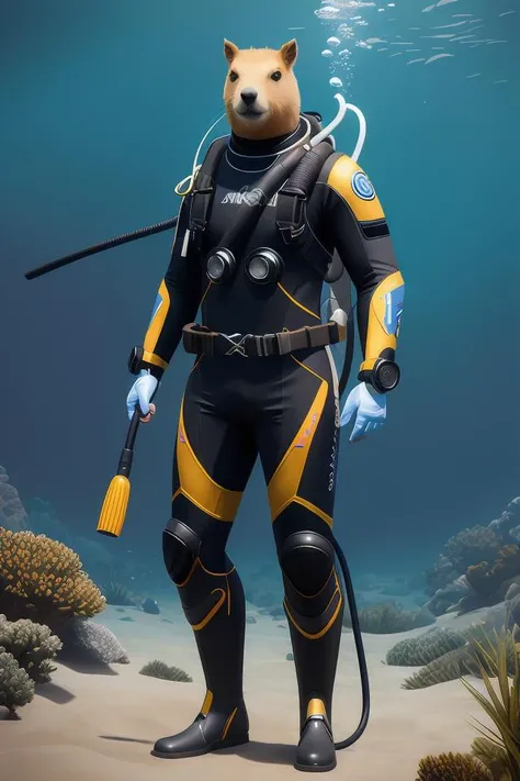 detailed full body concept art illustration oil painting of an anthropomorphic capybara scuba-diver in full intricate clothing, biomutant, ultra detailed, digital art, octane render