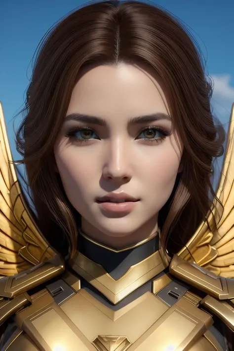 portrait of fully armored norse valkyrie, brass plated, symmetric golden wings, divine vibes, light brown hair, white skin, shiny golden eyes, pretty, perfect face, sky background, sharp focus, highly detailed, cinematic lighting, studio quality, smooth render, unreal engine 5 rendered, octane, rendered, by artgerm, greg rutkowski, alphonse mucha