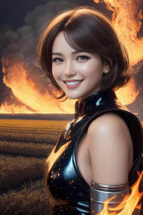 wide view of a farm  ,reflections of fire on eye, fantasy, intricate, richly detailed colored  3D illustration of a megaman happy and curious. background with completely rendered reflections, art by Range Murata and Artgerm highly detailed, digital painting, trending on artstation, sharp focus, D&D, illustration, style of Stanley Artgerm, perfect smile vogue, awards, model,