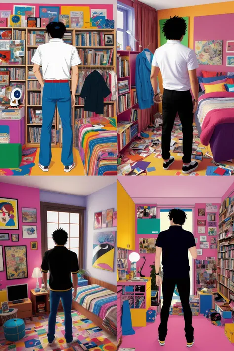 a skinny goth guy standing in a cluttered 9 0 s bedroom by jamie hewlett, back view, jamie hewlett art, full body character concept art, vaporwave colors,