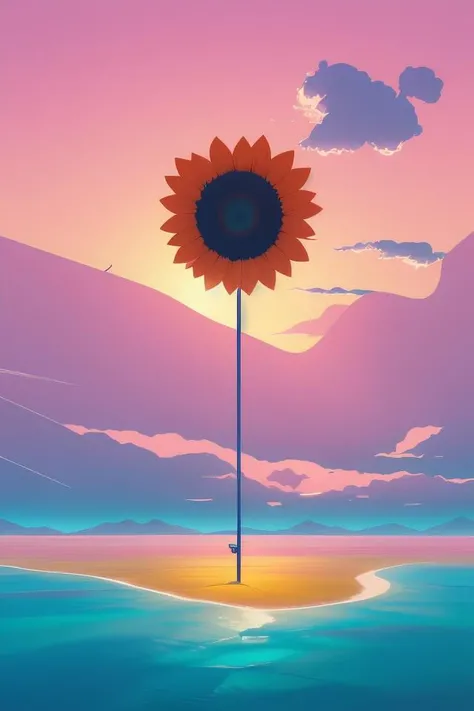 beautiful digital sunflower in stunning pink sea, VERY LIGHT pink and blue scheme, isometric, by Anton Fadeev and Simon Stalenhag, trending on artstation, low contrast