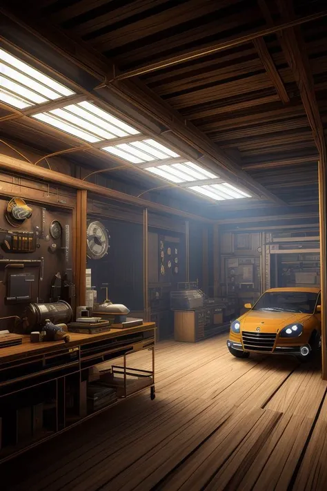 a busy underground steampunk workshop, light shafts coming through windows, volumetric lightning, concept art, steampunk, fantasy, mechanical