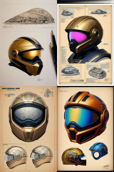 annotated highly - detailed and intricate 4 5 degree isometric cross - section of masterchief helmet + marker concept art style rendering + concept art + half blueprint + trending on artstation + intricate details + john berkey + vincent di fate + ralph mcquarrie + center frame : : annotations : : metalic gold : : - 0. 2 5 kelsey grammer sketch