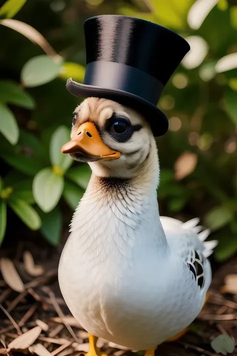 closeup of a duck wearing a top hat, macro photography, overgrown pug, high resolution photo, trending on artstation